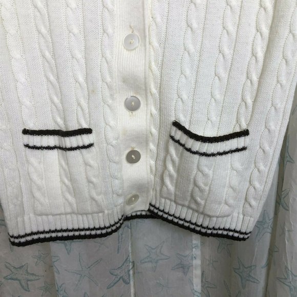 Vintage Cable Knit Vest Button Front White Pockets size M Brown Trim - Picture 3 of 6